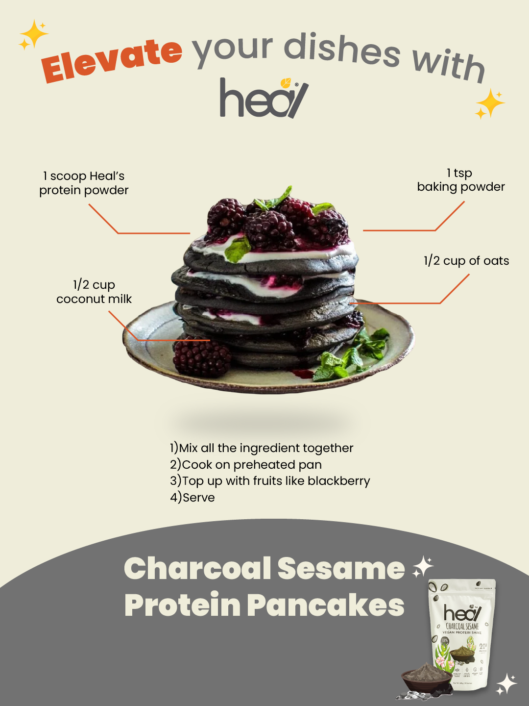 Heal Charcoal Sesame Vegan Protein Shake, 15 Servings Value Pack