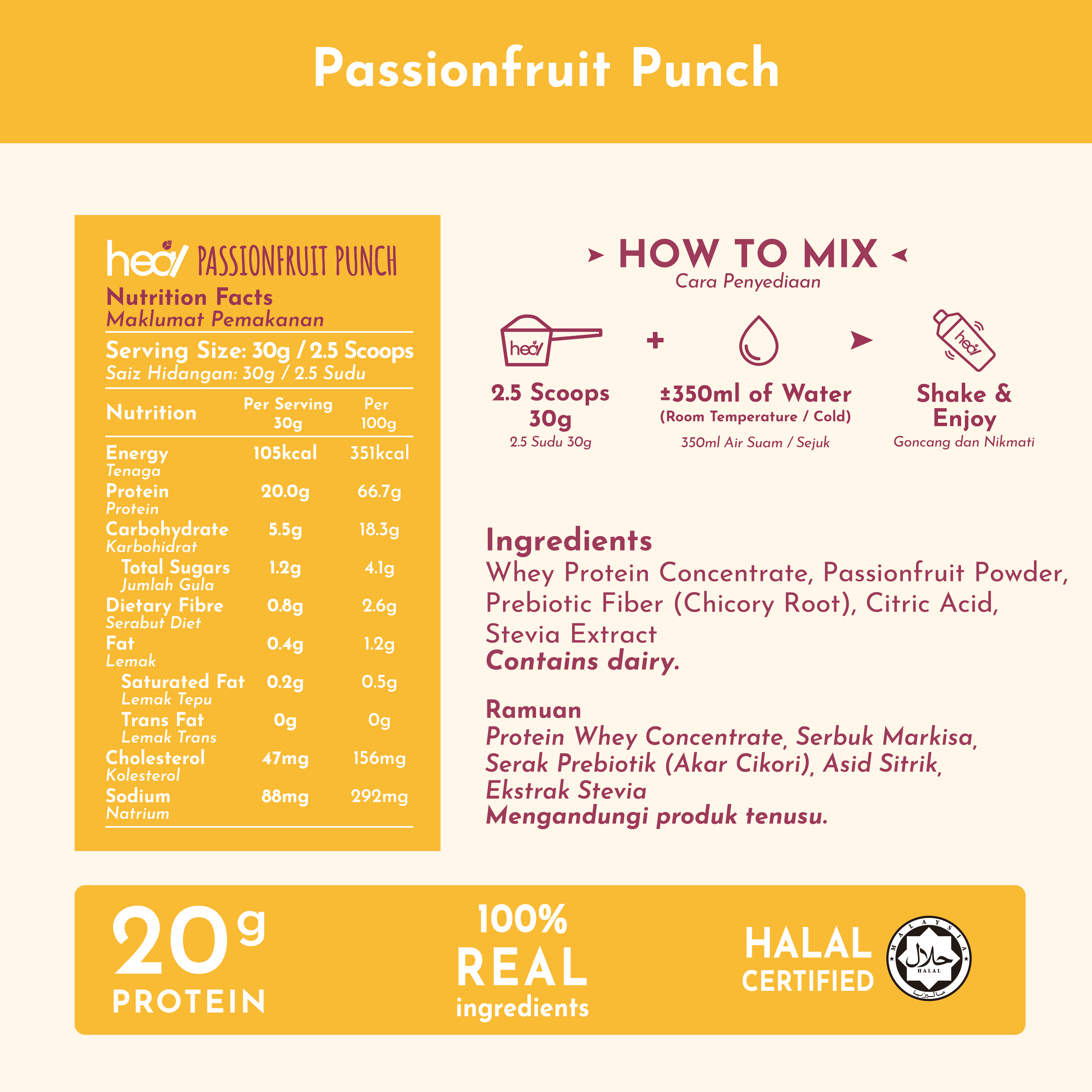 Heal Passionfruit Punch Protein Shake 3x Sachets Bundle (30g)