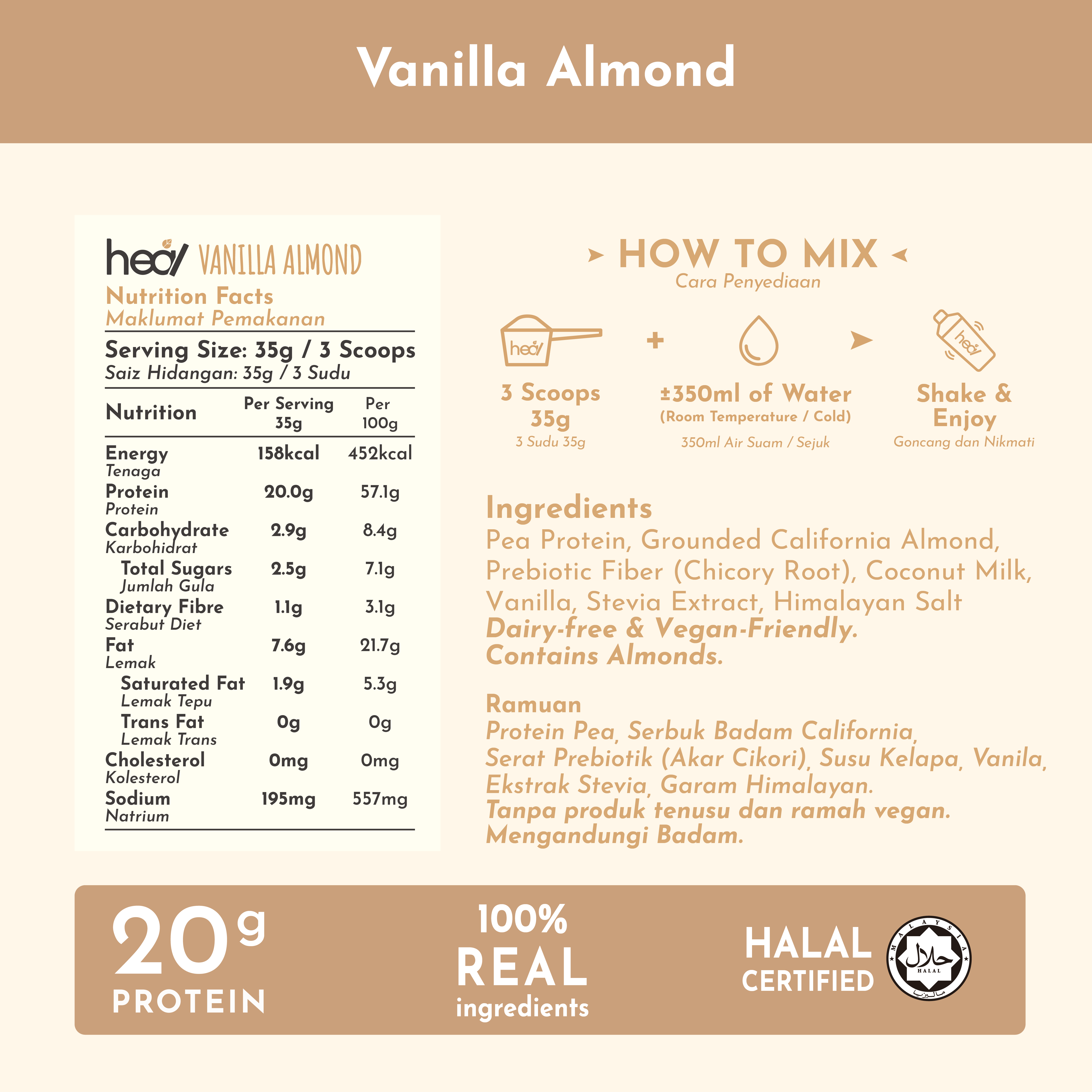 Heal Vanilla Almond Vegan Protein Shake 3x Sachets Bundle (35g)