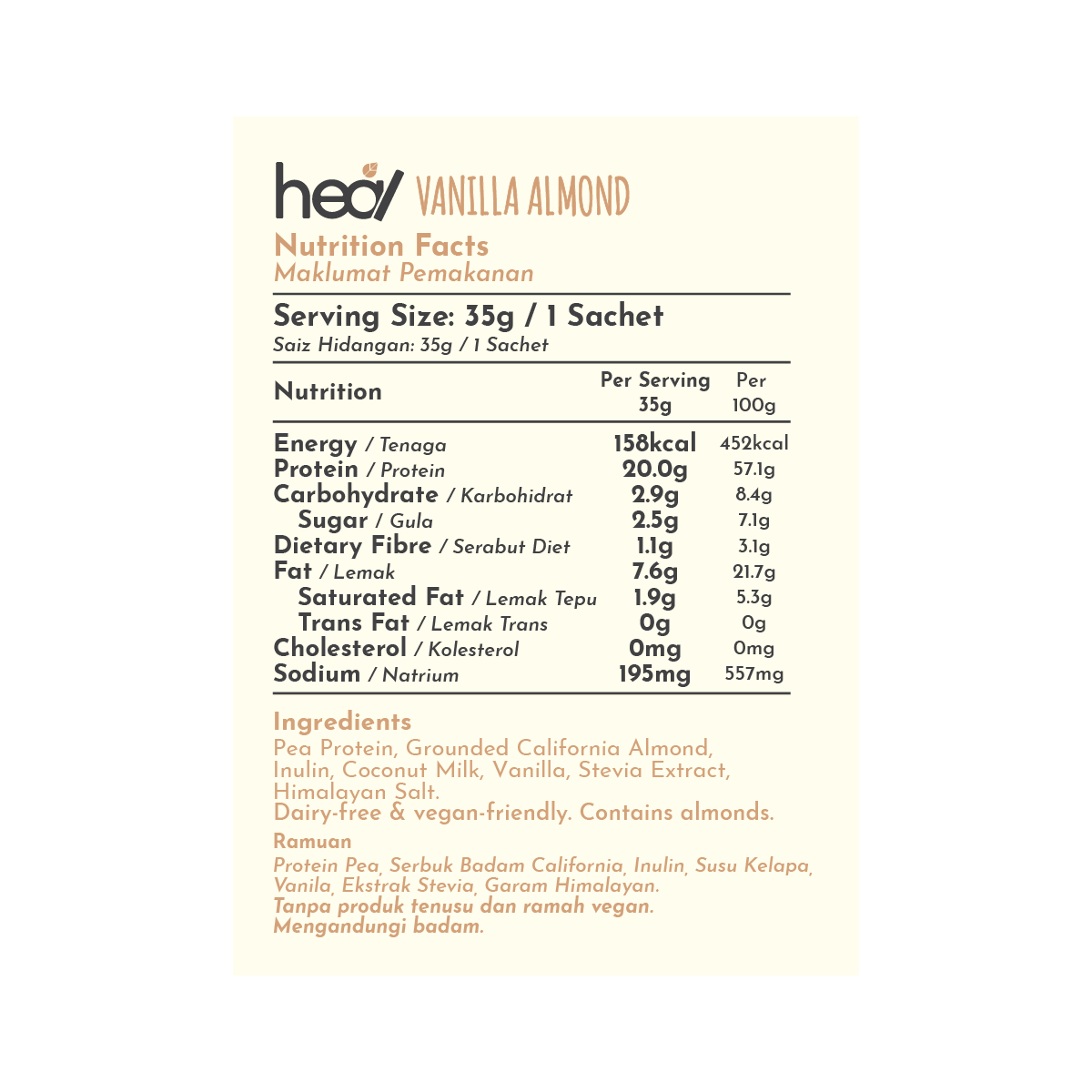 Heal Vanilla Almond Vegan Protein Shake, Single Sachet (35g)