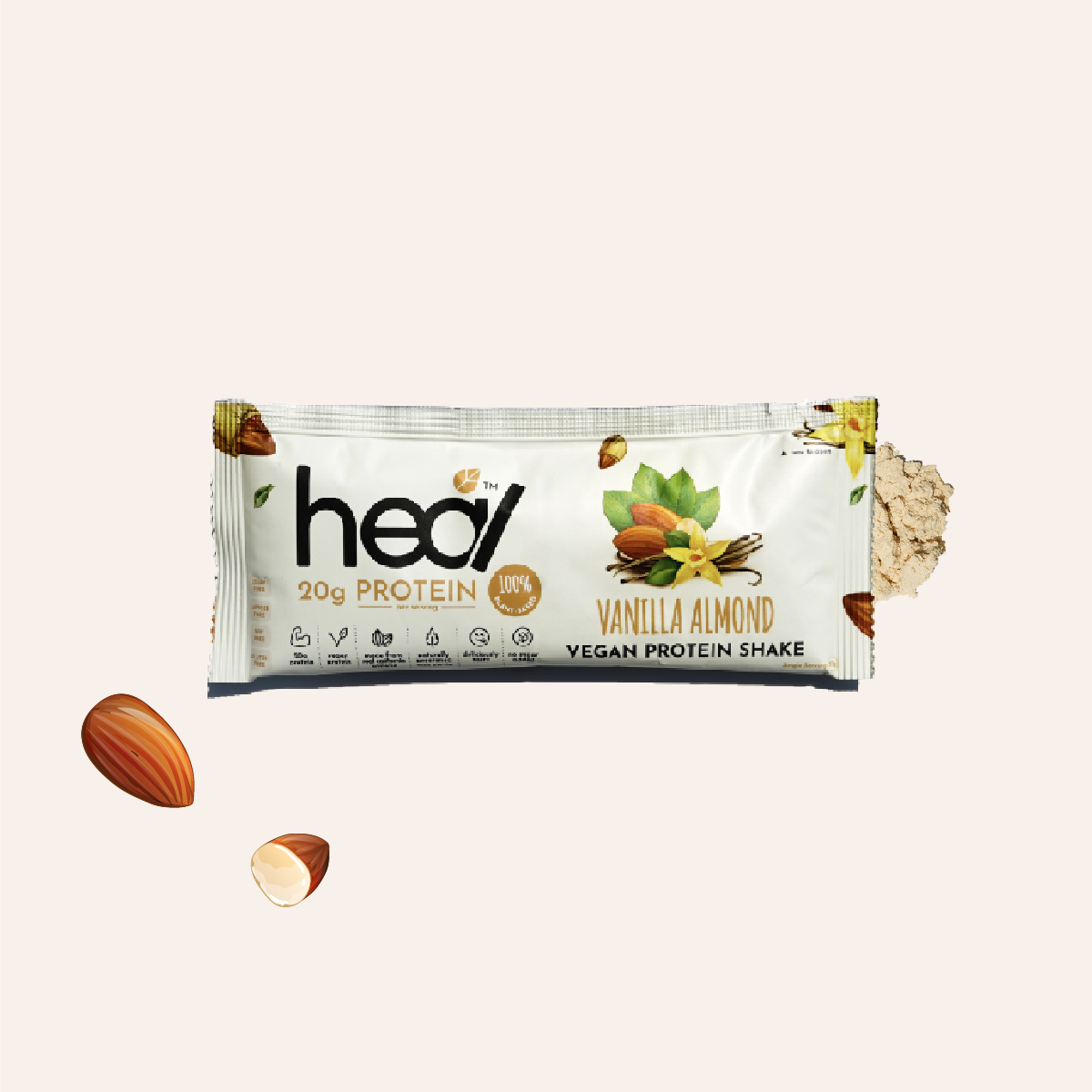 Heal Vanilla Almond Vegan Protein Shake, Single Sachet (35g)