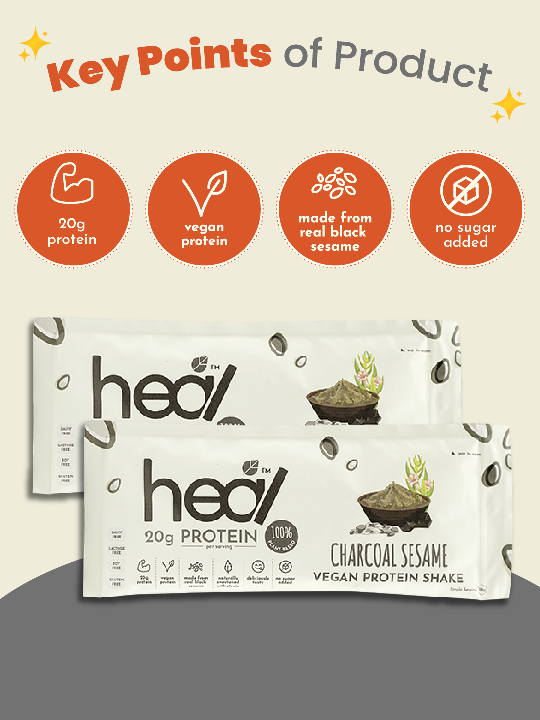 Heal Charcoal Sesame Vegan Protein Shake 3x Sachets Bundle (39g)