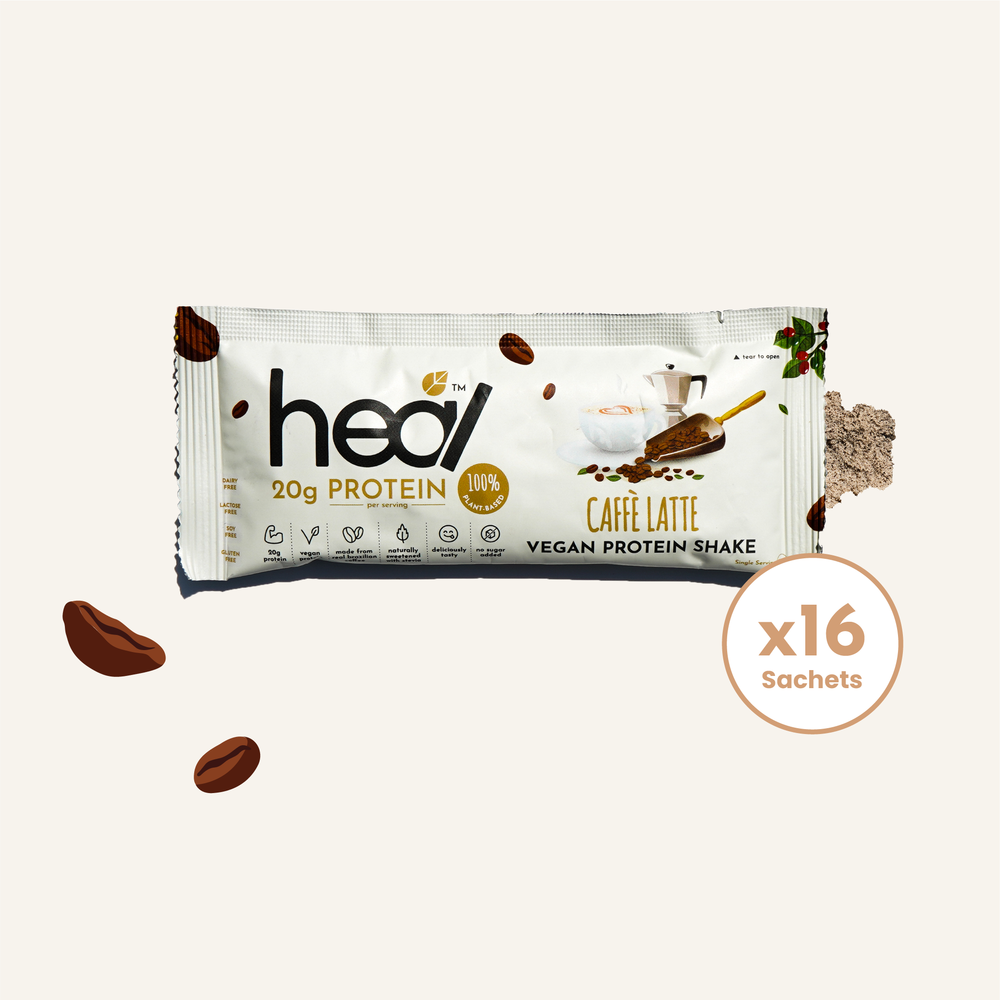 Heal Caffe Latte Vegan Protein Shake, 16 Sachets (36g)