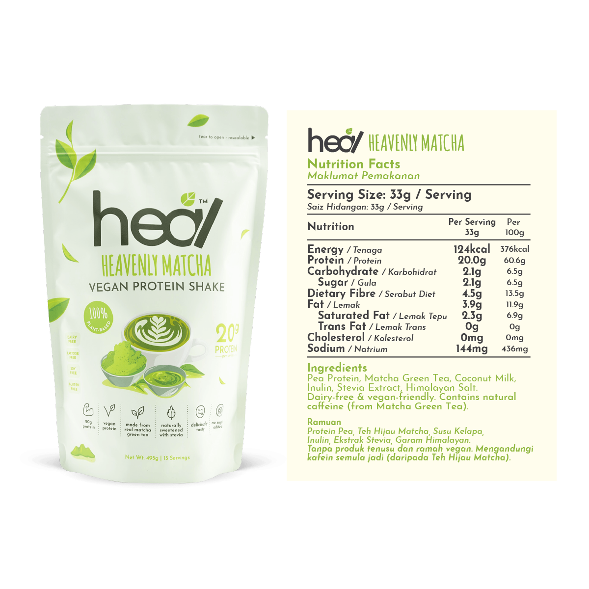[Subscription Plan] Heal Heavenly Matcha Vegan Protein Shake, 15 Servings Value Pack