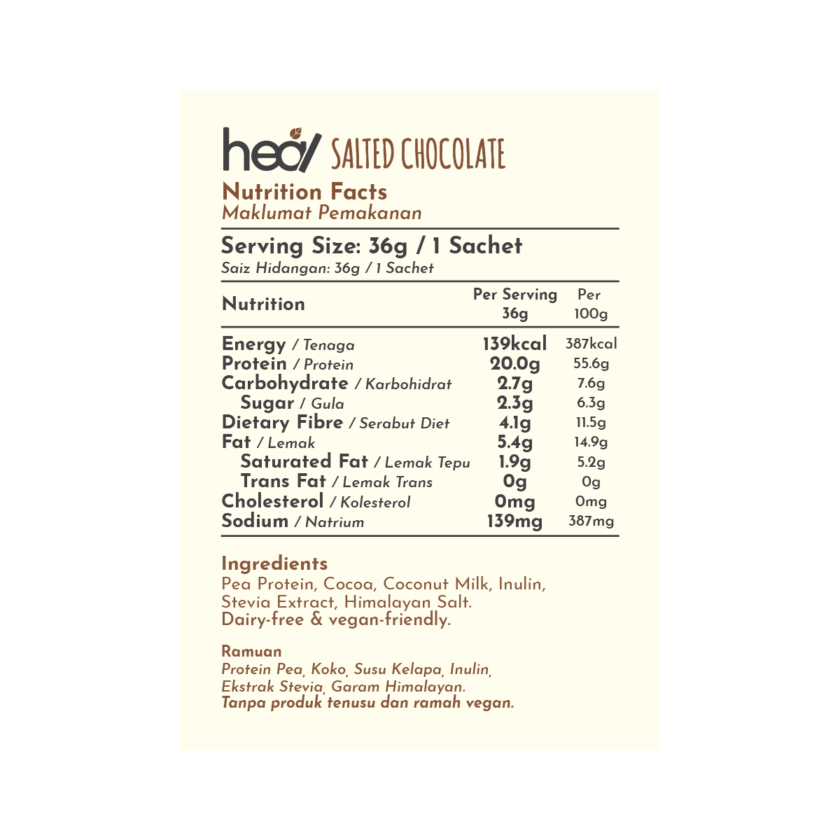 Heal Salted Chocolate Vegan Protein Shake, 16 Sachets (36g)